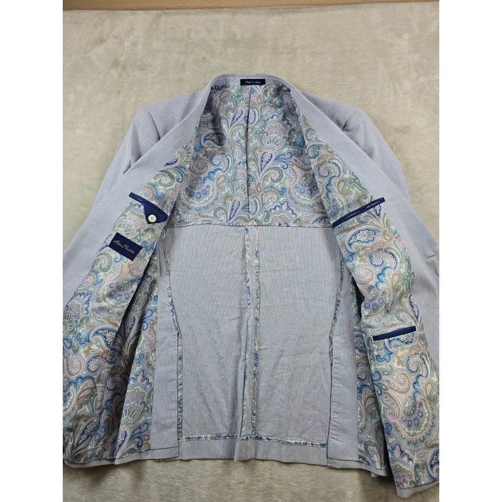 Alan‎ Flusser Seersucker Sport Coat Mens Large Blue White Paisley Lined Blazer